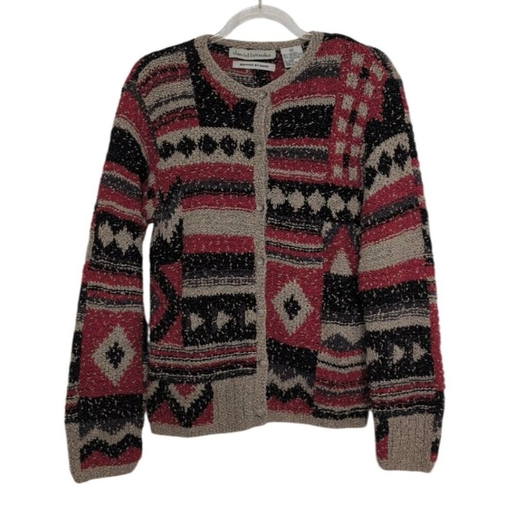 David Brooks Hand Knit Cardigan Womens Size Small Beige Red Silk Blend Patchwork